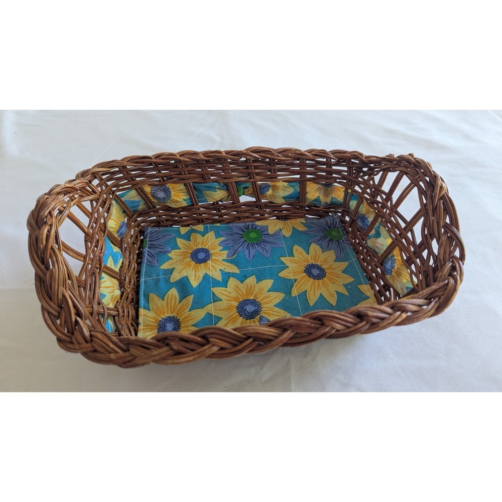 Brown Wicker Basket with Sunflower Fabric Liner Rectangular Storage with Handles